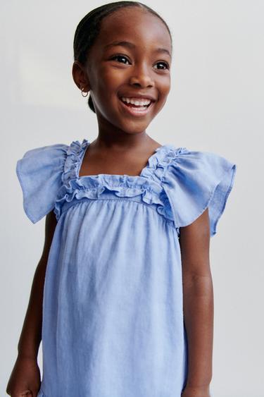 ROBE 100 % LIN À VOLANTS - Bleu de Zara