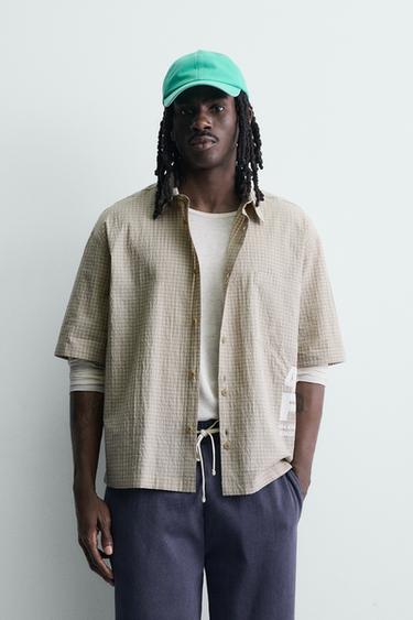 CHECK SHIRT WITH SLOGAN PRINTS - camel by Zara