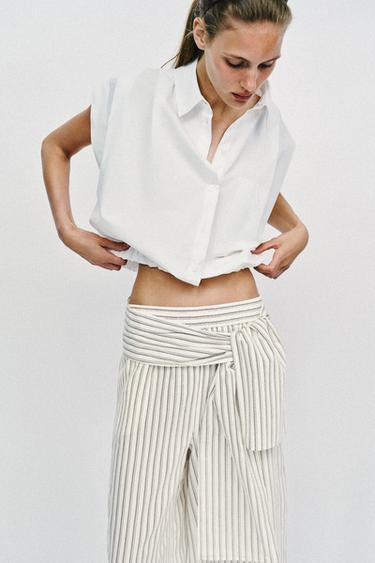 Zara WIDE LEG SCARF PRINT PANTS - Ecru / Brown