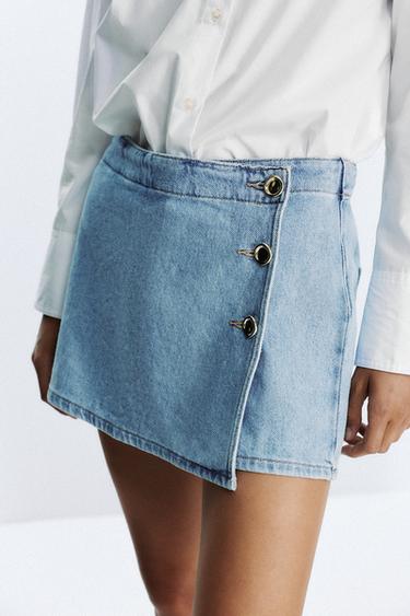تنورة بنطلون Z1975 DENIM متصالبة بأزرار - أزرق وسط الخاص بـ Zara