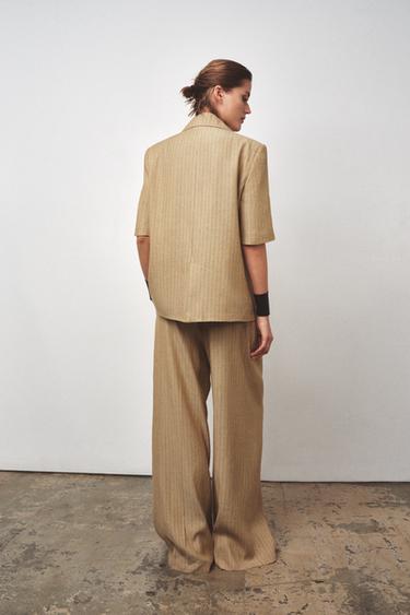 BLAZER AVEC LIN RAYURES ZW COLLECTION - Camel clair de Zara - Image 2