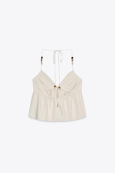 BEADED DENIM HALTER TOP - Ecru by Zara - Image 6