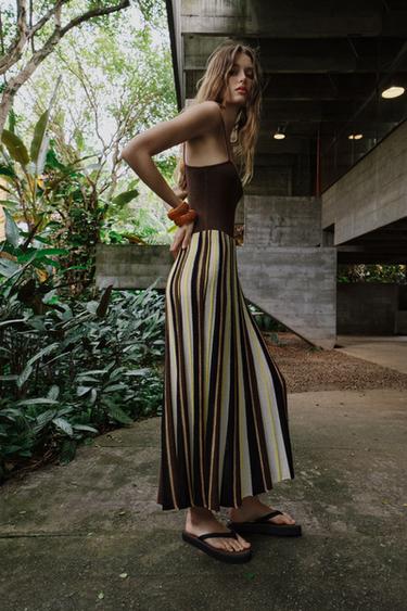 RUSTIC STRIPED DRESS - Ecru / Brown by Zara - Image 3