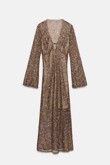 SEQUIN AND BEAD MIDI DRESS - Brown by Zara