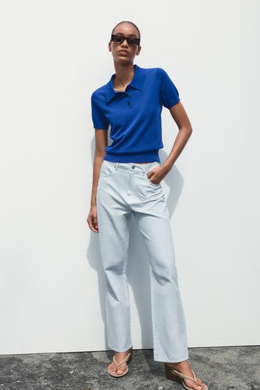 Zara STRIPED PRINT STRAIGHT CUT PANTS - Blue / White