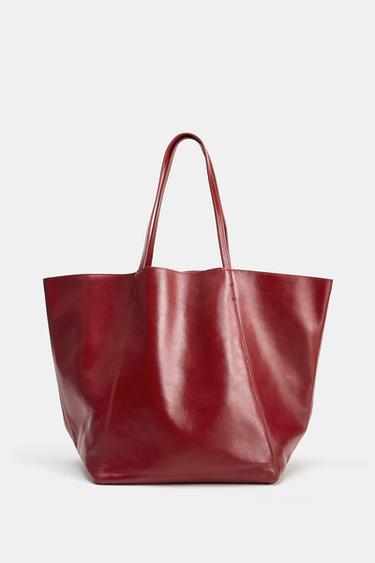 Zara LEATHER SHOPPER BAG - Red
