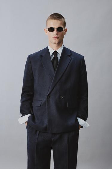 Zara DOUBLE BREASTED LINEN - COTTON SUIT JACKET - Indigo