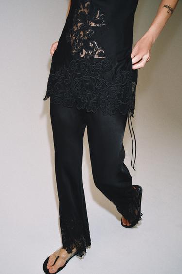 Zara ZW COLLECTION EMBROIDERED SATIN EFFECT PANTS - Black