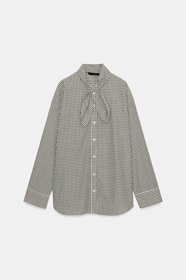 Zara 方格口袋巾府綢襯衫 - 裸色 / 黑色 - 圖片 0