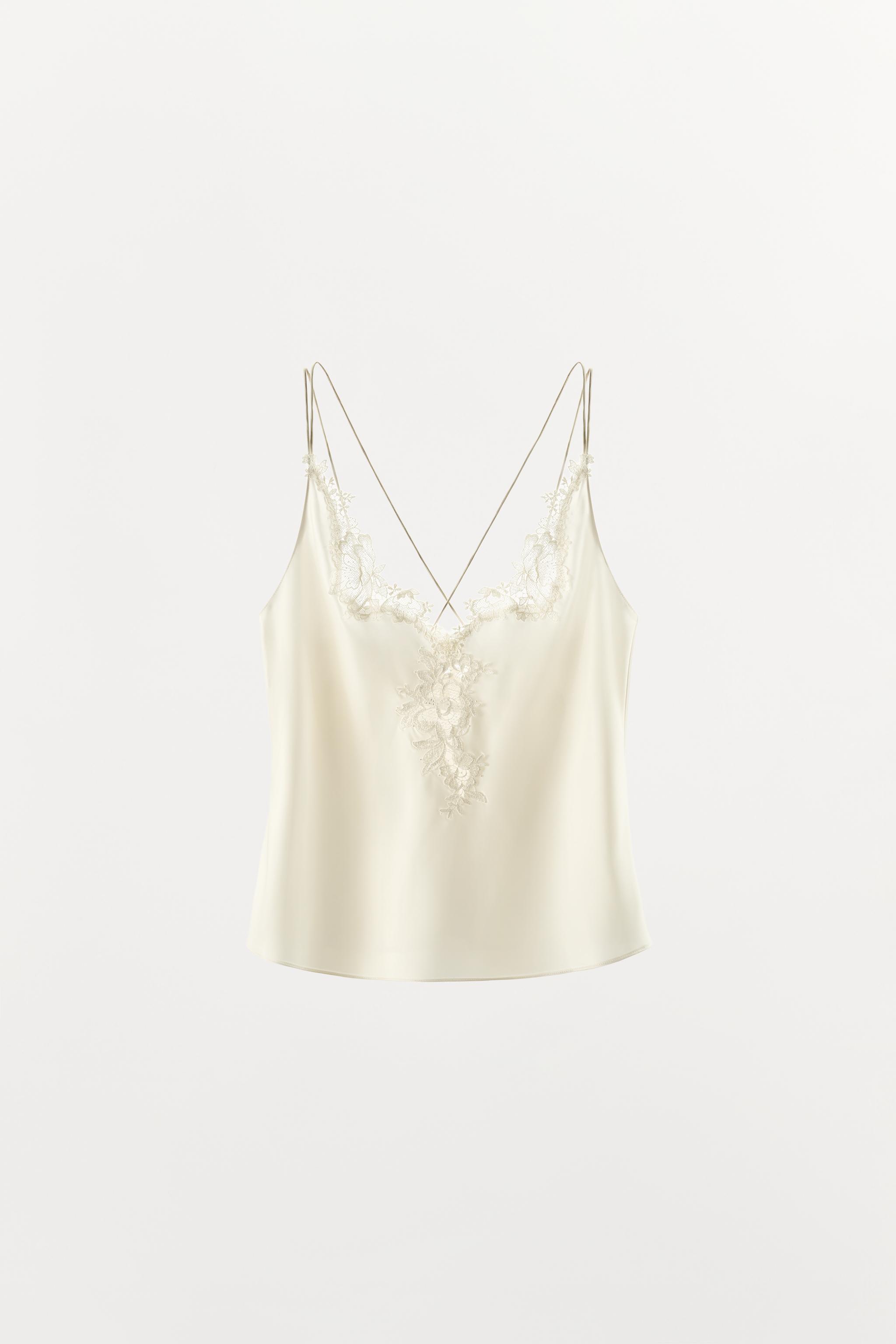 SATIN LACE-TRIM CROSS-STRAP TOP