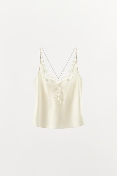 TOP SATINÉ EN DENTELLE À BRIDES CROISÉES - Écru de Zara - Image 7
