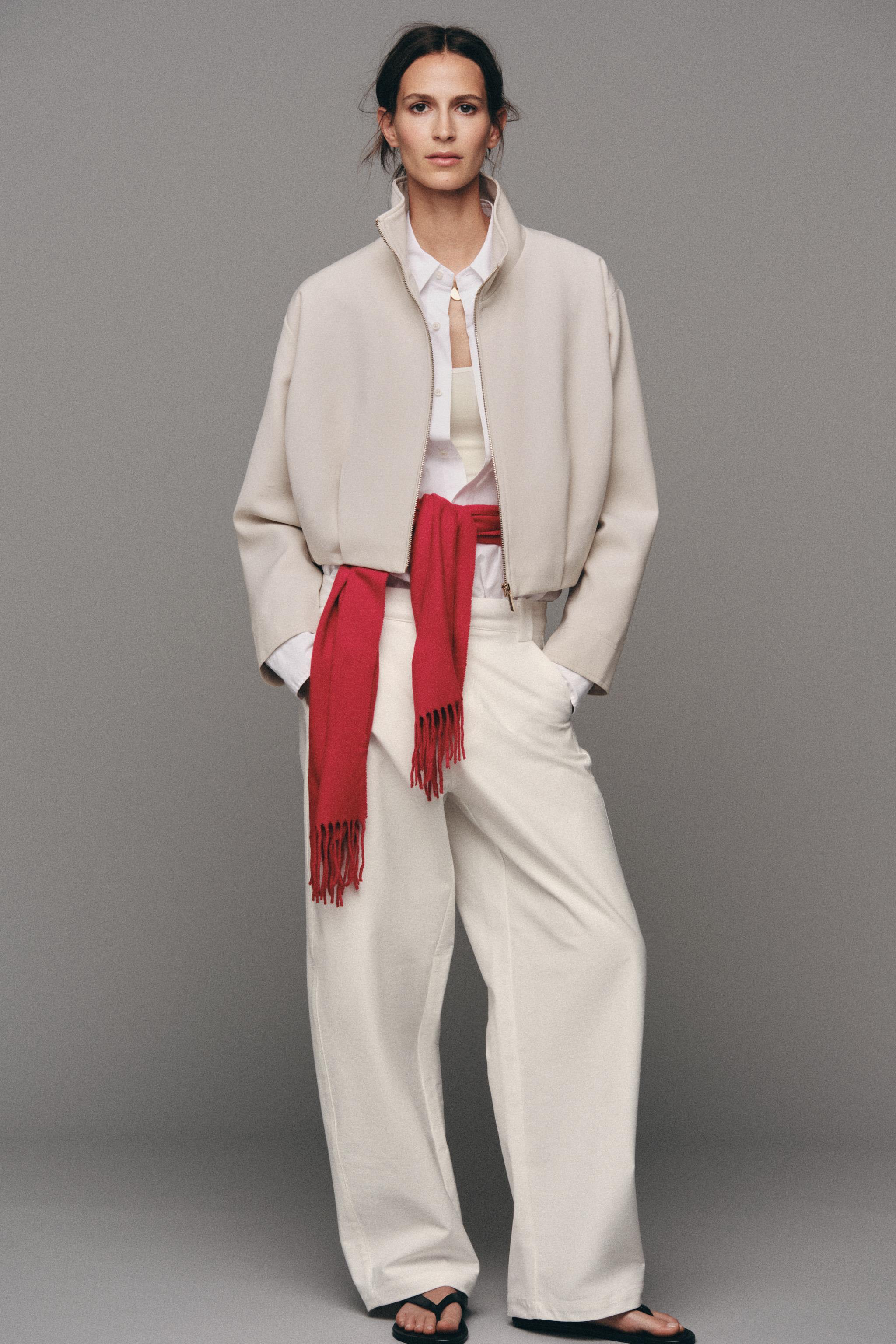 STAND-UP COLLAR BOMBER JACKET — Ecru