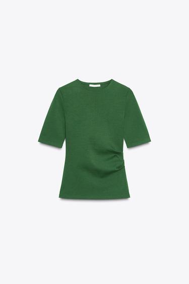 GATHERED INTERLOCK T-SHIRT - Green by Zara