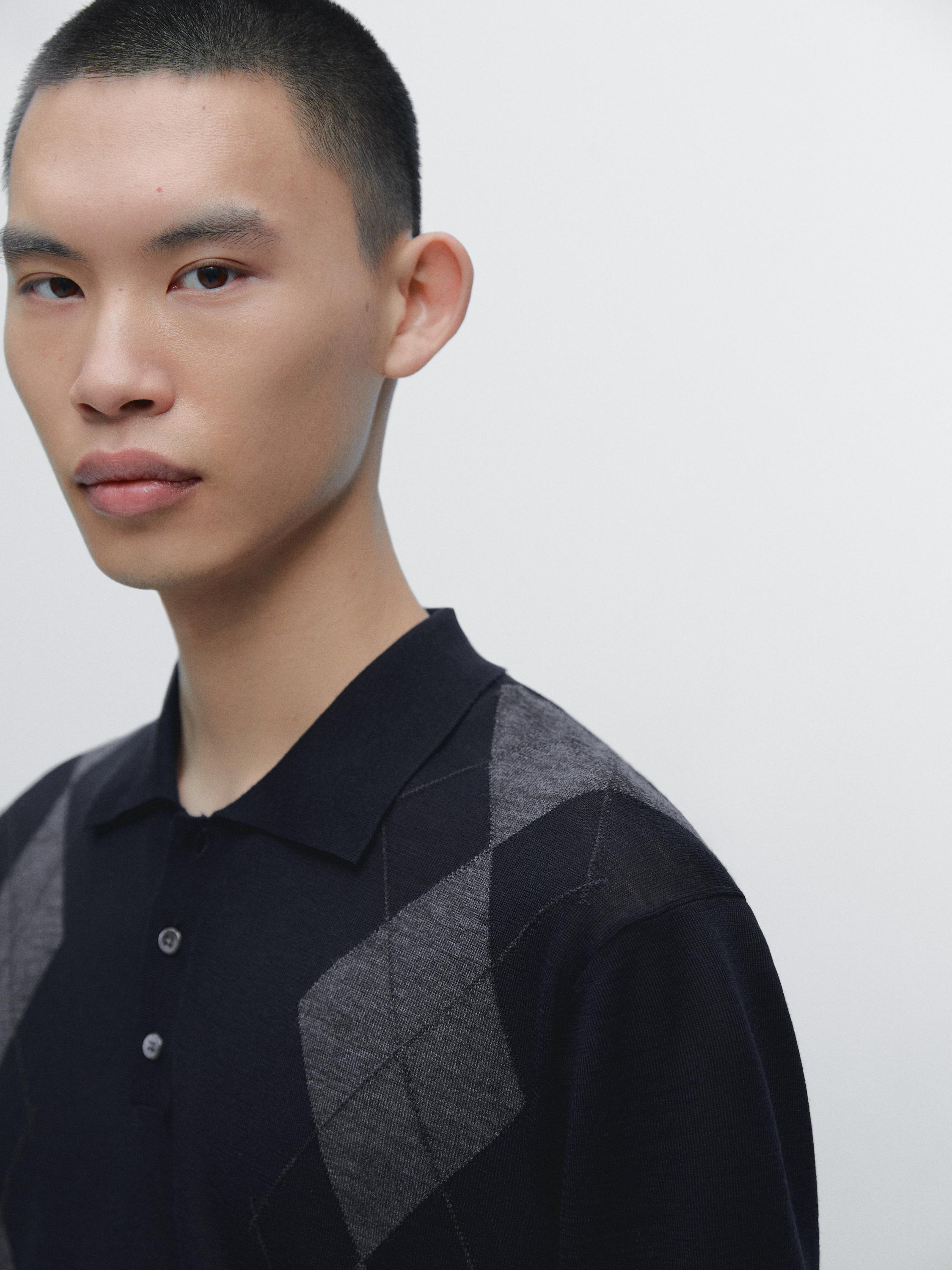 Merino wool blend argyle knit polo sweater