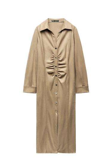 FAUX SUEDE GATHERED MIDI DRESS