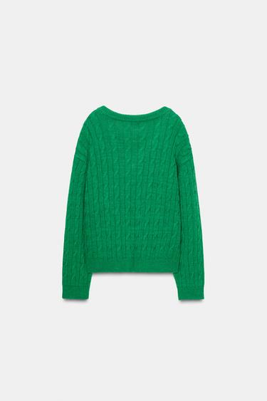 PULL EN V EN MAILLE À TORSADES - Vert de Zara - Image 5