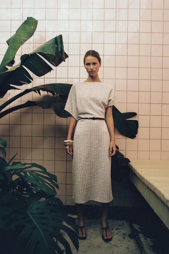 TEXTURED BELTED MIDI DRESS