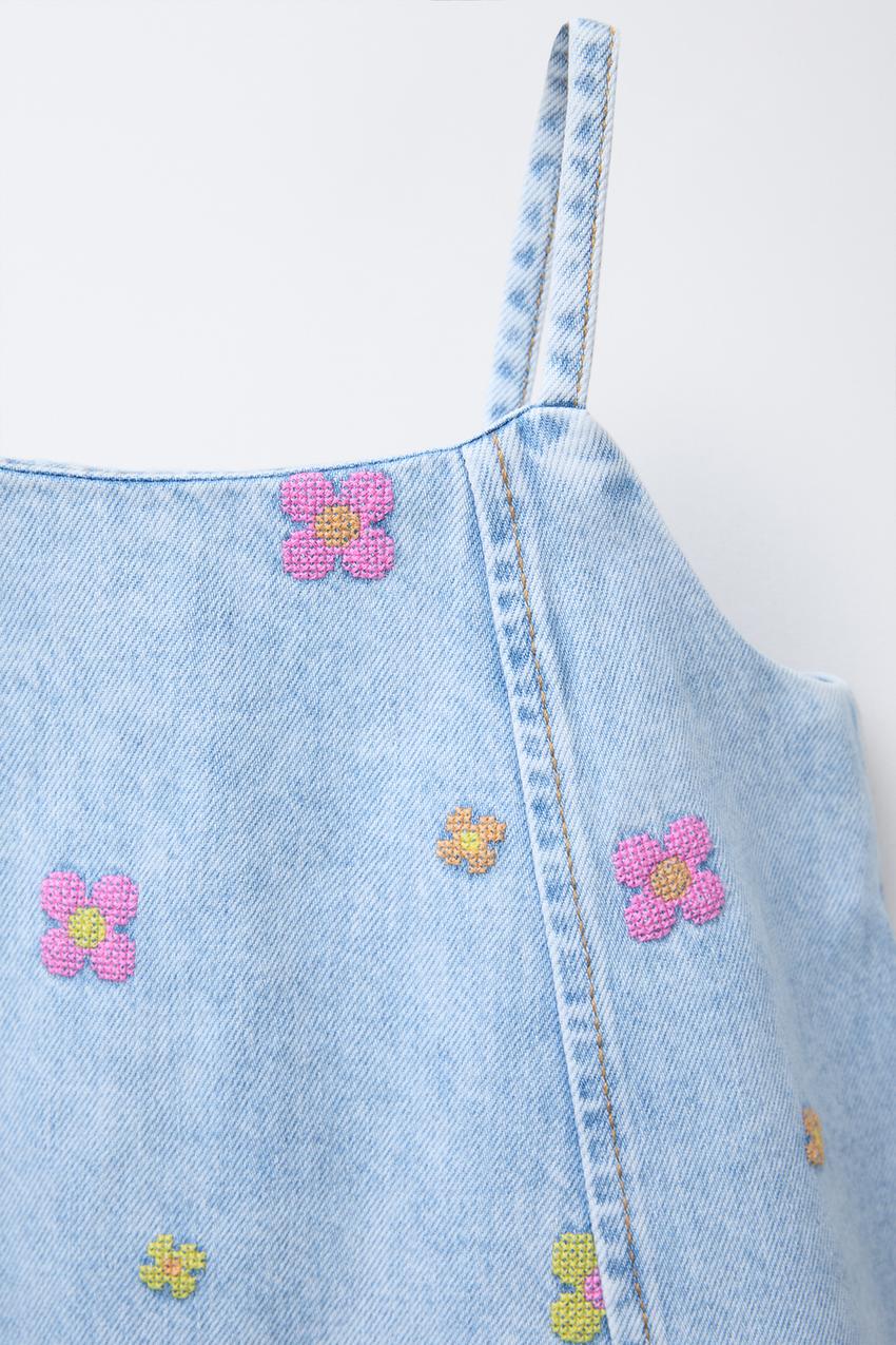EMBROIDERED FLORAL DENIM DRESS