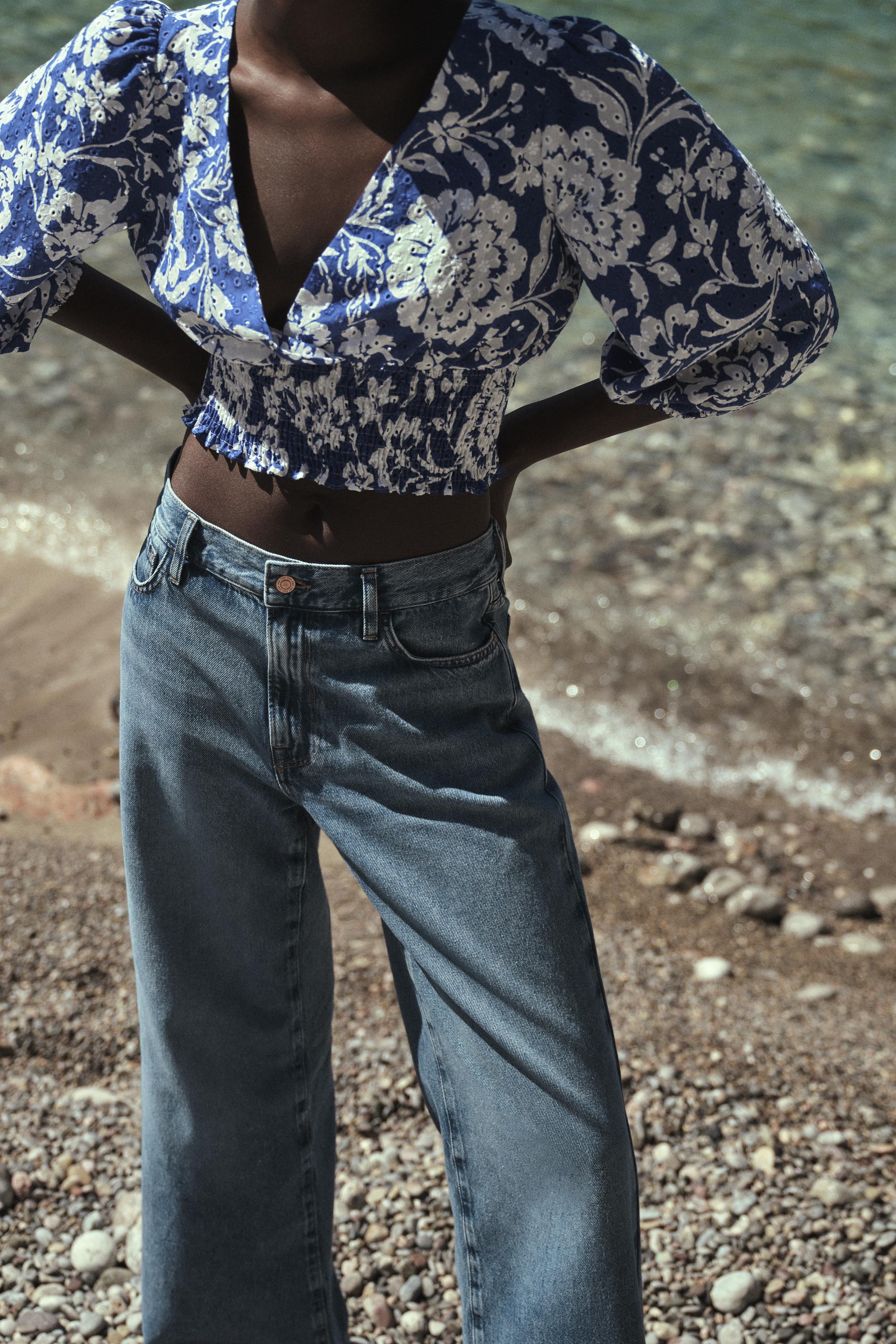 PRINTED EMBROIDERED EYELET TOP - Blue / White | ZARA Canada