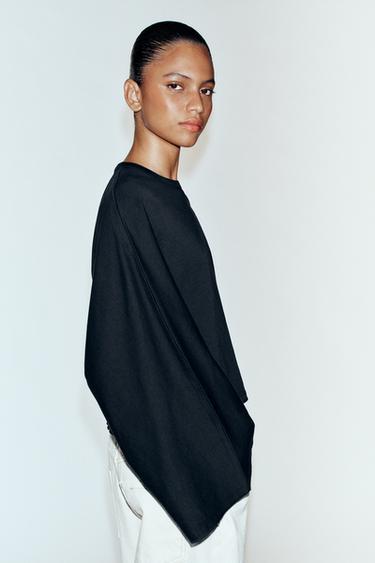 Zara COTTON WIDE-SLEEVE T-SHIRT - Navy blue