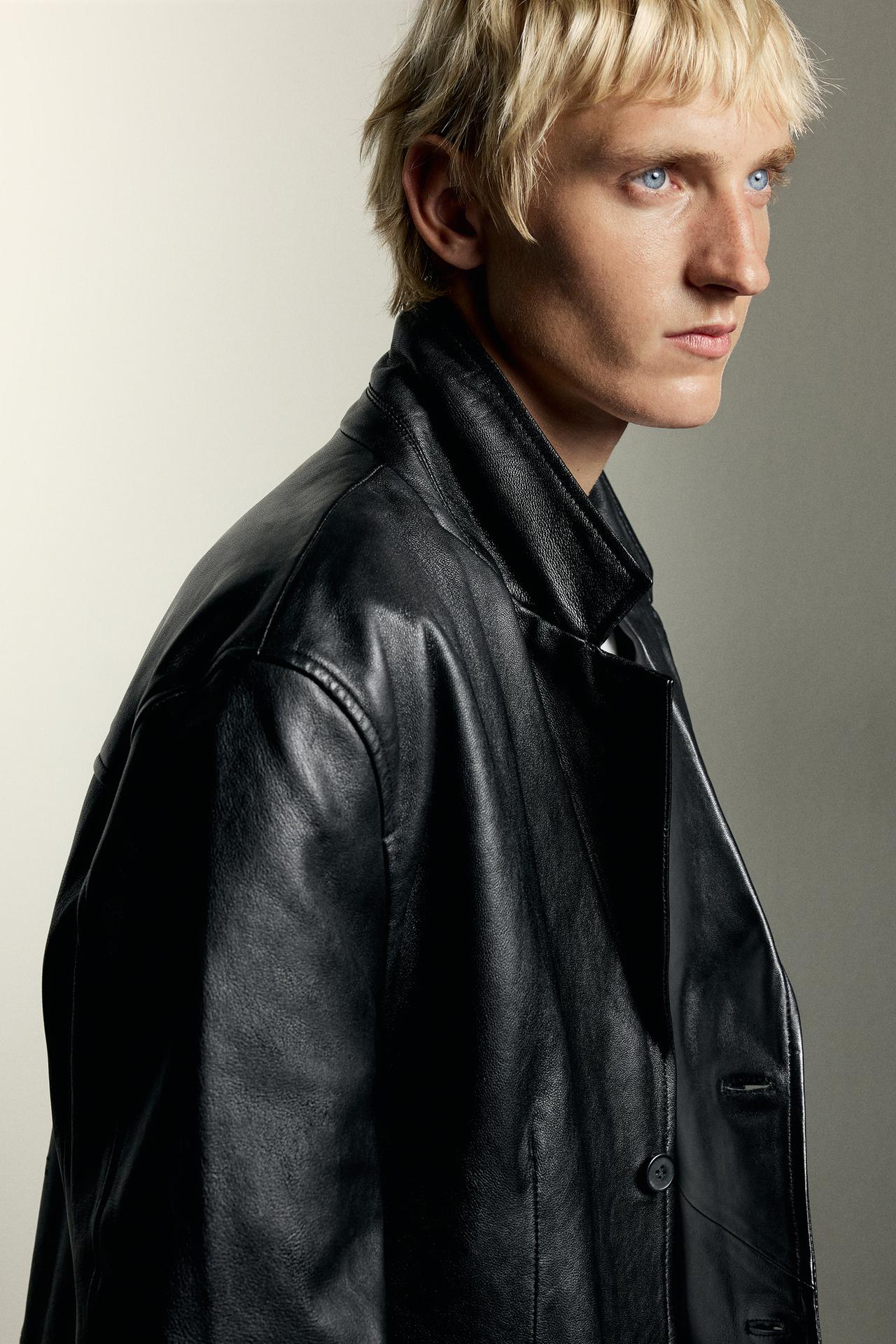 RELAXED-FIT LEATHER BLAZER — Black