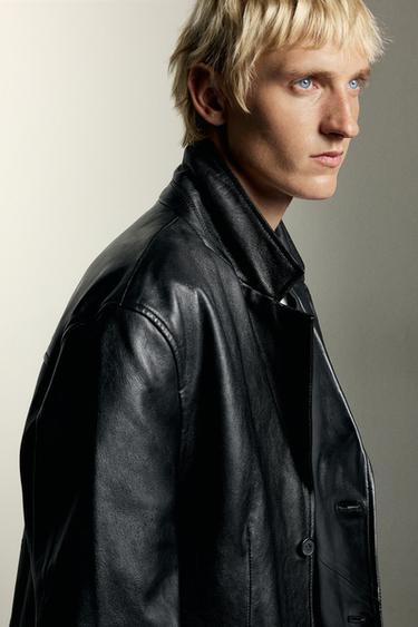 RELAXED-FIT LEATHER BLAZER — Black 1