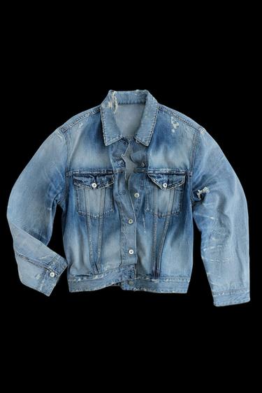 Zara RIPPED TRF DENIM JACKET - Light blue