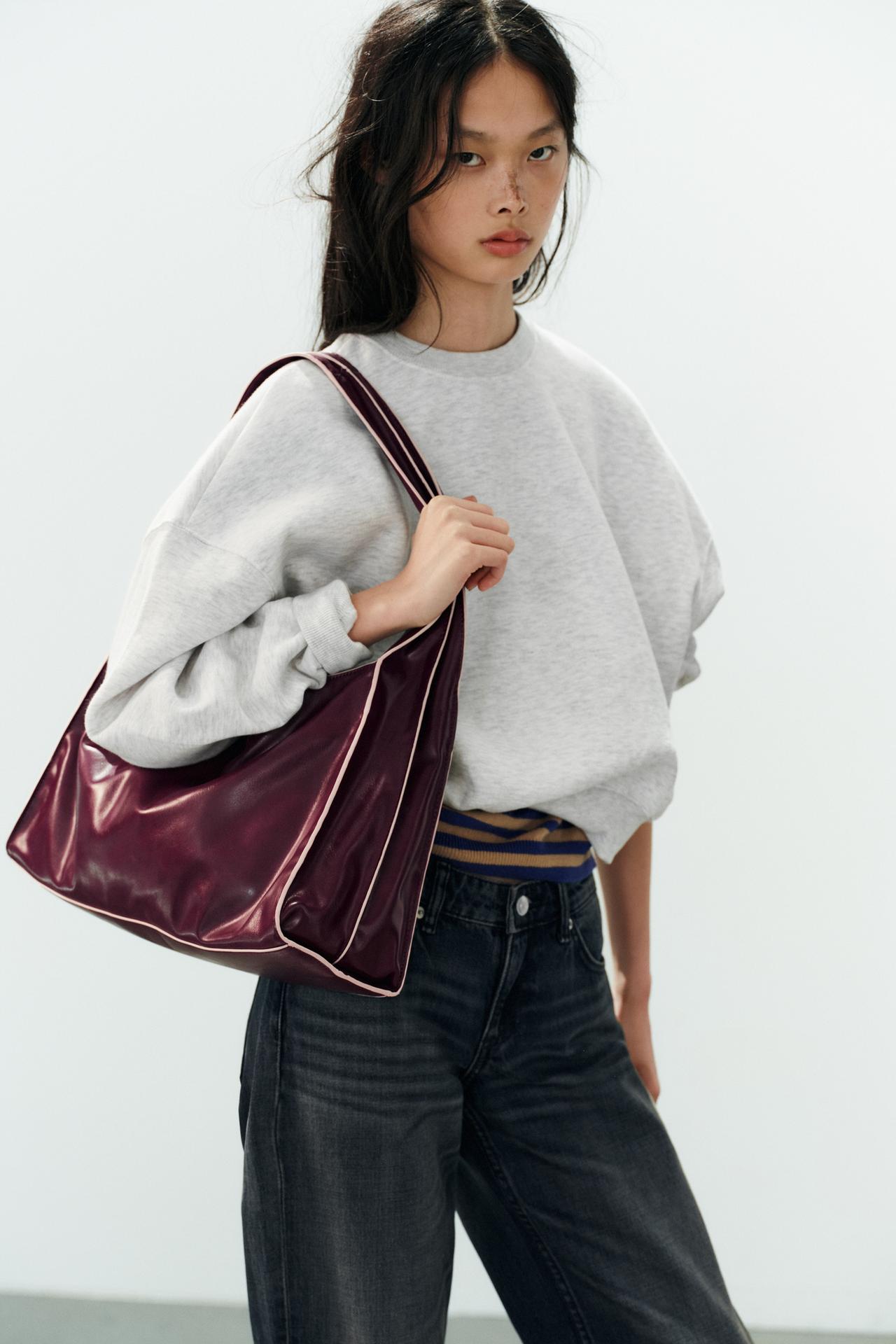 CONTRAST TOPSTITCHED SHOPPER BAG — Burgundy Red