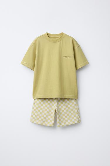 Zara 棋盤格紋 T 恤和百慕達短褲套裝 - 淡綠色