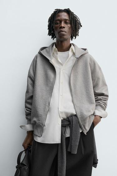 SWEAT ZIPPÉ À CAPUCHE ET ÉTIQUETTE - Gris chiné de Zara - Image 4