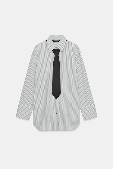 POPLIN SHIRT WITH TIE - Black / White by Zara