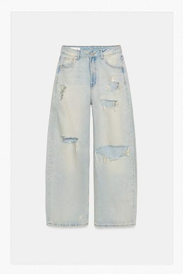 Zara TRF MID-RISE RIPPED BAGGY JEANS - Light blue