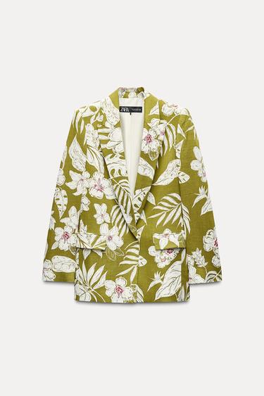 Zaras BLOMMÖNSTRAD BLAZER MED LINNE - naturfärg/kaki