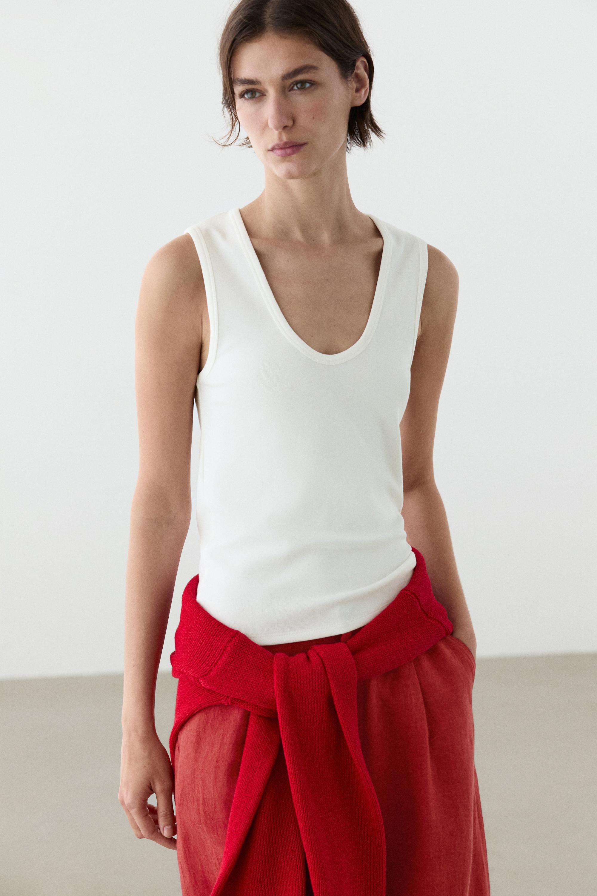 Cotton blend V-neck top — White