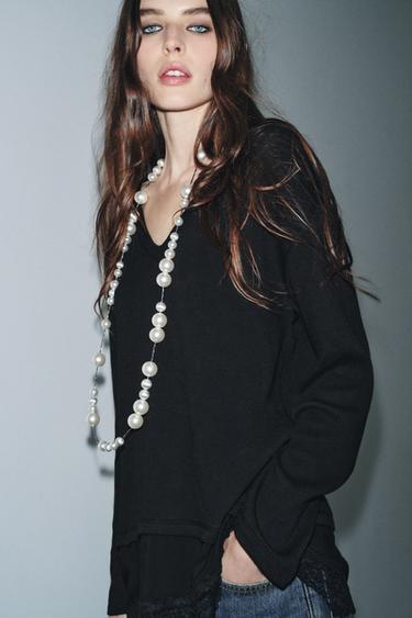 Zara COMBINATION LACE TOP - Black