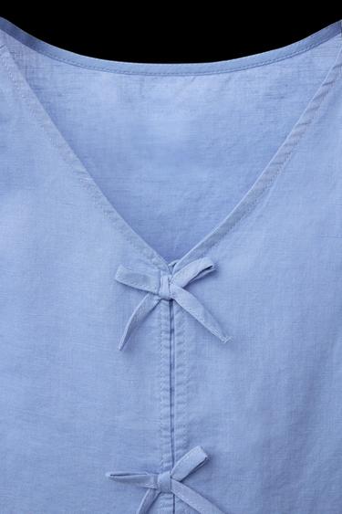 Zara COTTON LINEN TIE TOP - Blue