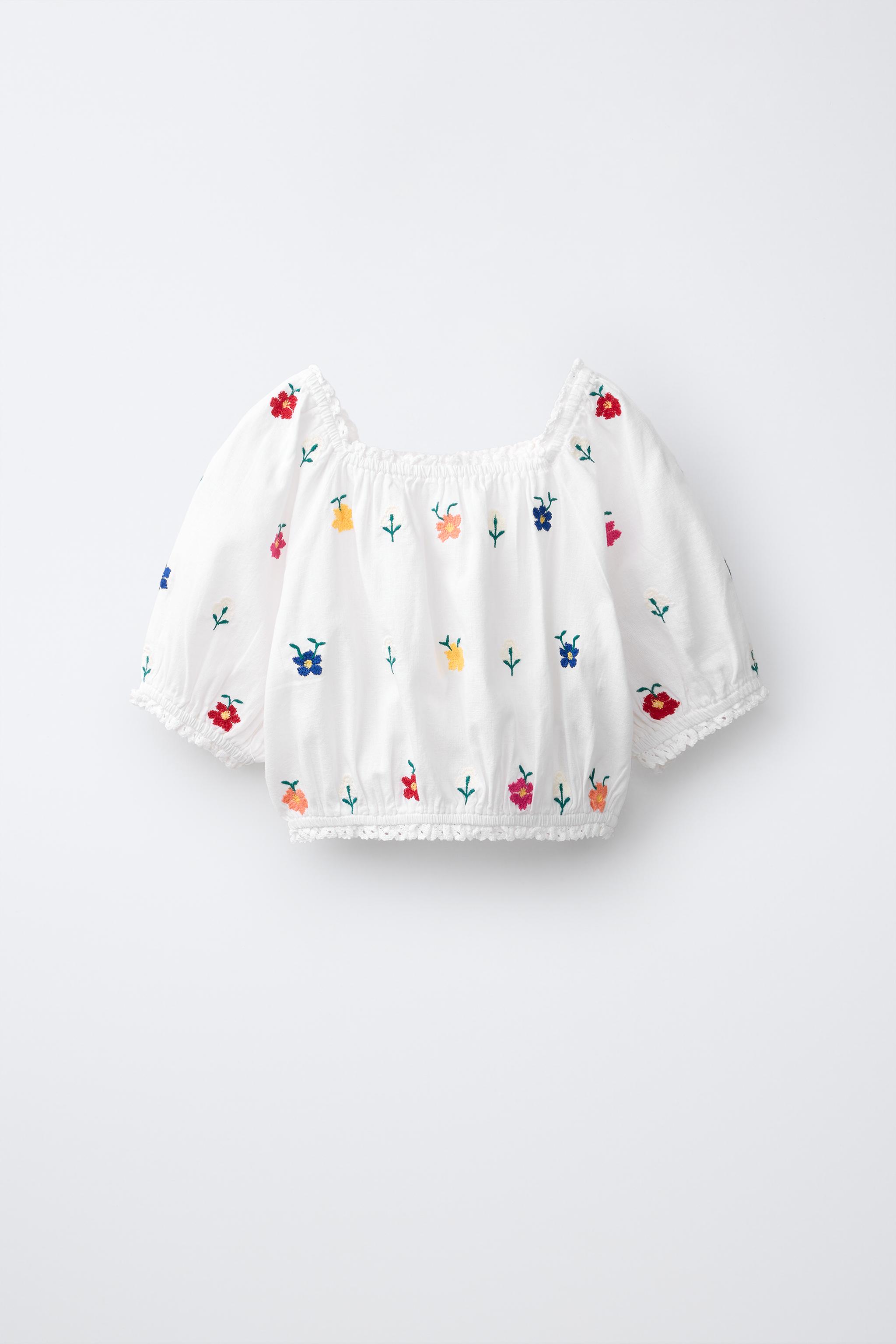 Детские блузки Zara EMBROIDERED FLORAL PUFF SLEEVE BLOUSE