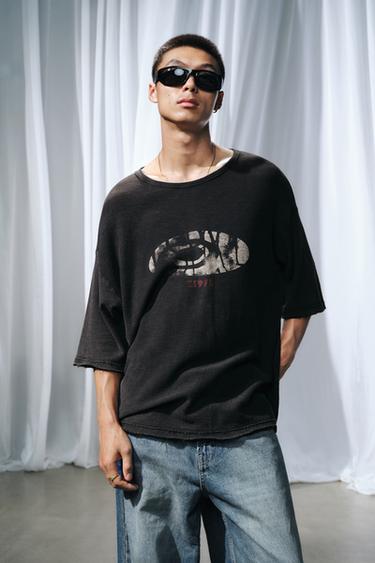 Zara 洗舊印花針織 T 恤 - 黑色