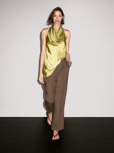 Pantalón wide leg 100% lino - marrón vigoré de Zara