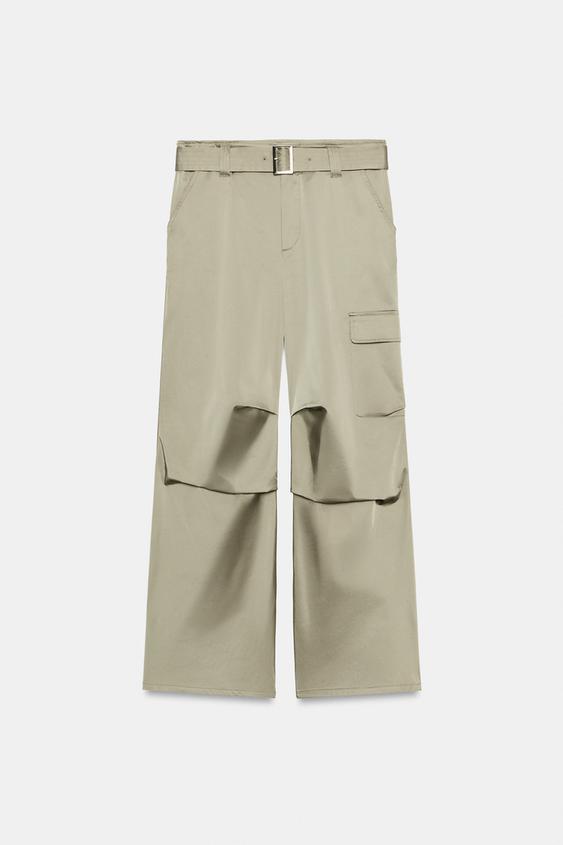 SATIN CARGO TROUSERS WITH BELT - Light khaki by Zara - Image 0
