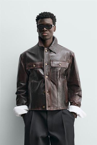 WASHED LEATHER JACKET - Burgundy by Zara