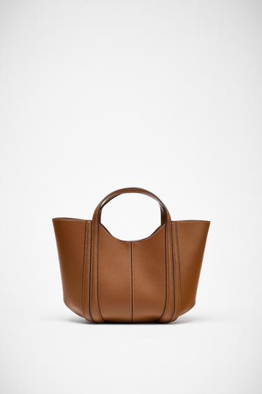 Zara TOPSTITCHED MINI CITY BAG - Dark tan