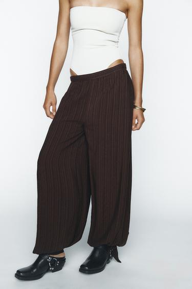 Zara STRIPED BALLOON PANTS - Dark brown