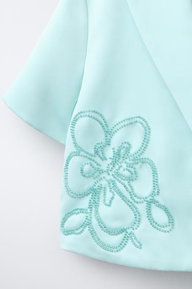 BLAZER SATINÉE COURTE À FLEURS ET FANTAISIE - Bleu / Vert de Zara - Image 3