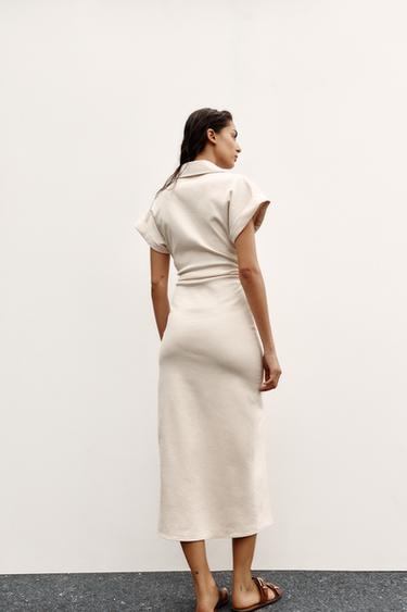 MIDI DRESS WITH GATHERED WAIST - Ecru by Zara - Image 5