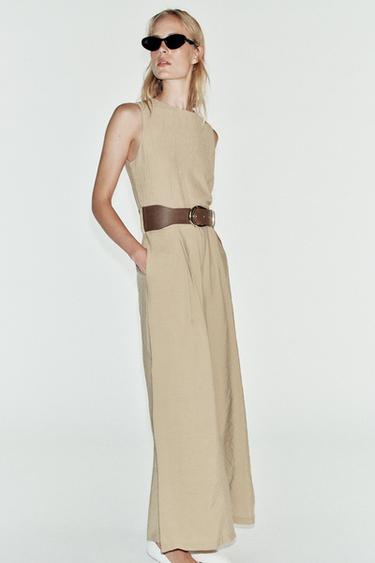 COMBINED WIDE-LEG BELTED JUMPSUIT — Beige 1