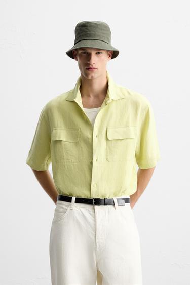 Zara 100% LINEN POCKET SHIRT - Lime green