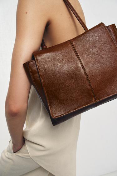 LEATHER MINI TOTE BAG WITH DOUBLE POCKET - Brown by Zara