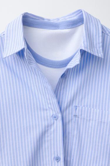 PACK CHEMISE À RAYURES AVEC T-SHIRT EN CÔTELÉ ET COL EN CONTRASTE - Bleu de Zara - Image 4