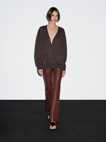 Zara Long linen blend knit cardigan - Chocolate